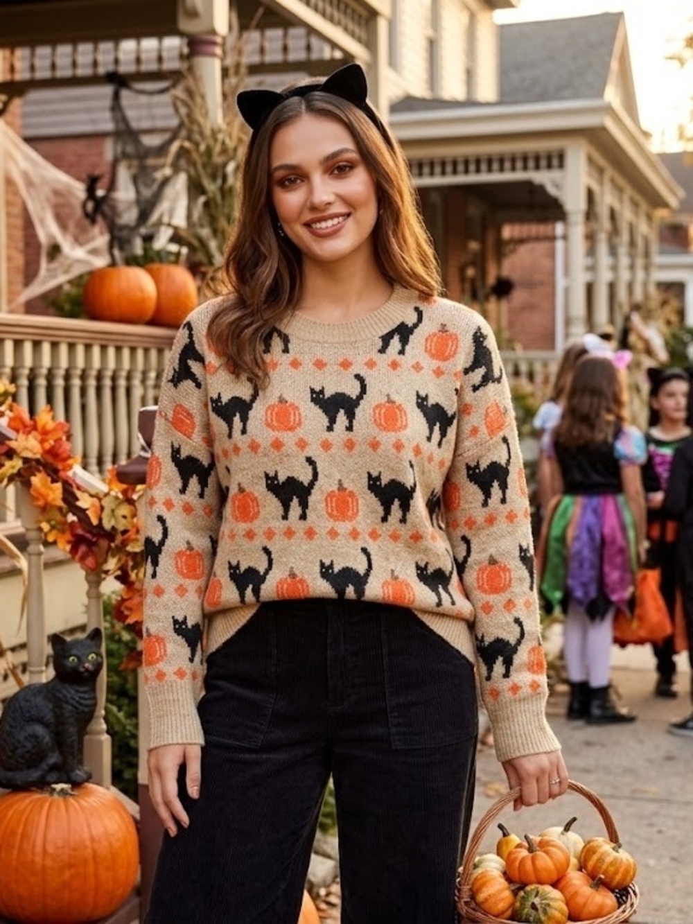 Vince Camuto Beige Knit Sweater with Black Cat & Orange Pumpkin Motifs